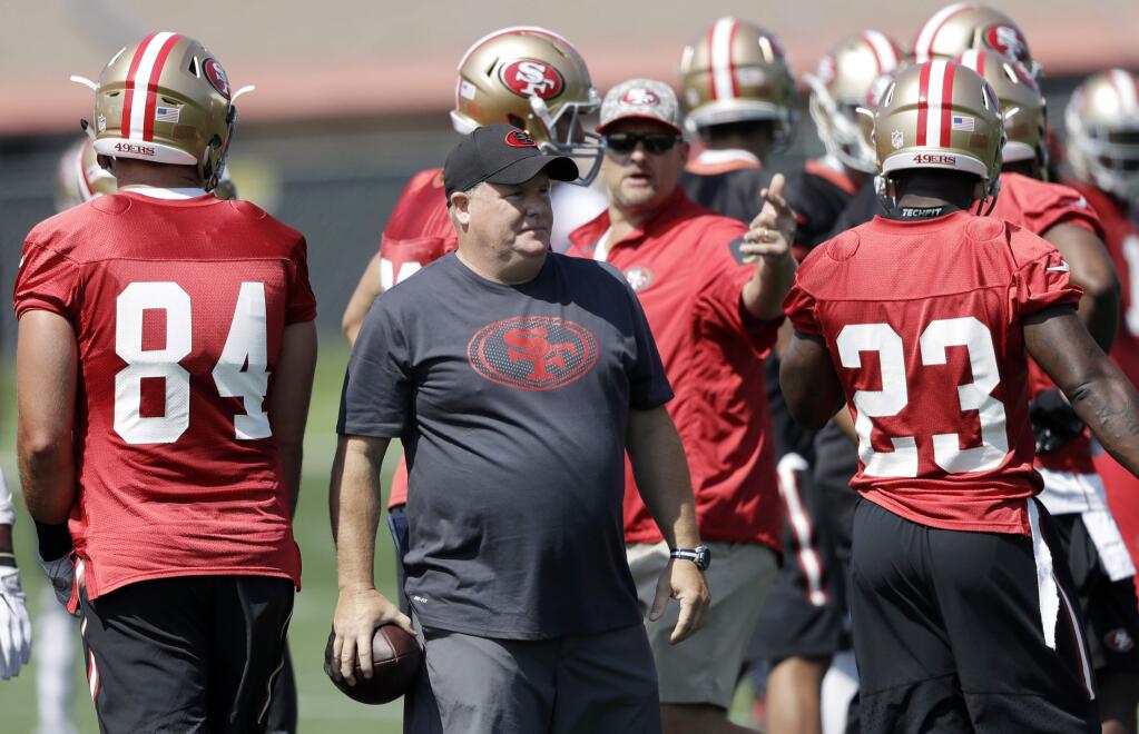 San Francisco 49ers head coach Chip Kelly during training camp Sunday, July 31, 2016, in Santa Clara. (AP Photo/Marcio Jose Sanchez)