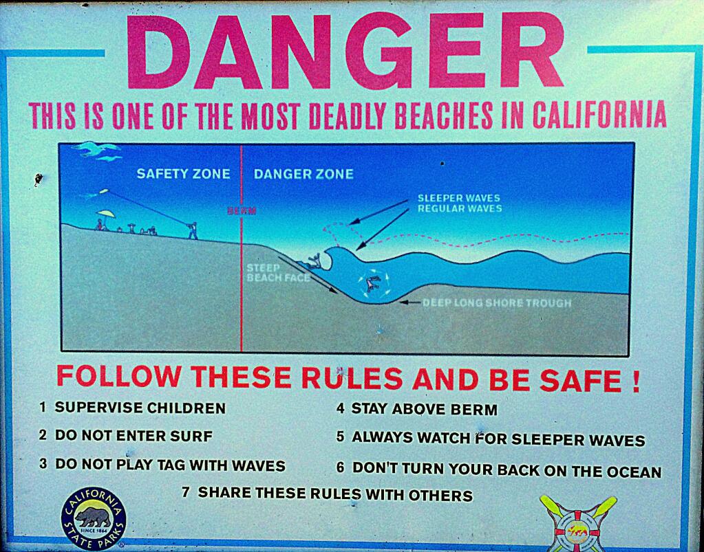 A warning sign by Goat Rock Beach shows some precautions beachgoers can take.