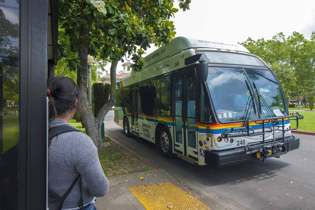 A Sonoma County Transit bus at the Plaza stop. (Photo by Robbi Pengelly/Index-Tribune)