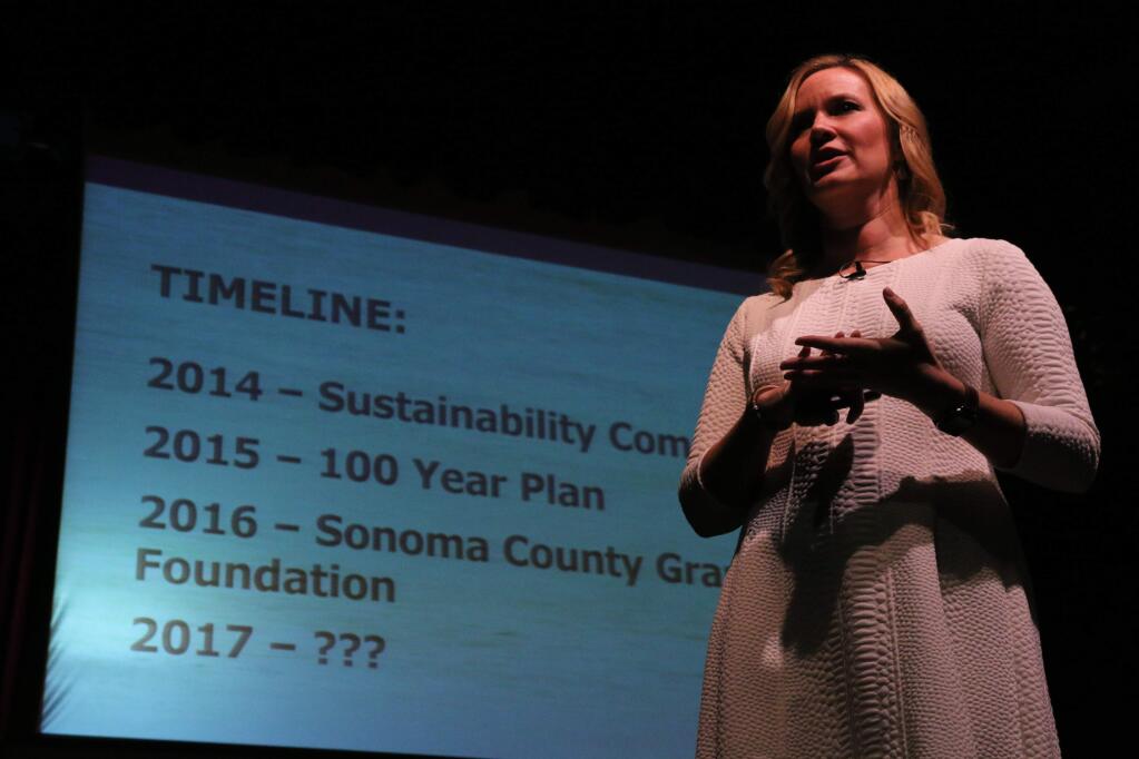 Karissa Kruse, president of Sonoma County Winegrowers, lays out the trade group's progress toward multifaceted sustainability for the industry, speaking at the organization's Dollars and Sense Seminar at Luther Burbank Center for the Arts on Jan. 12, 2017. (JEFF QUACKENBUSH / NORTH BAY BUSINESS JOURNAL)