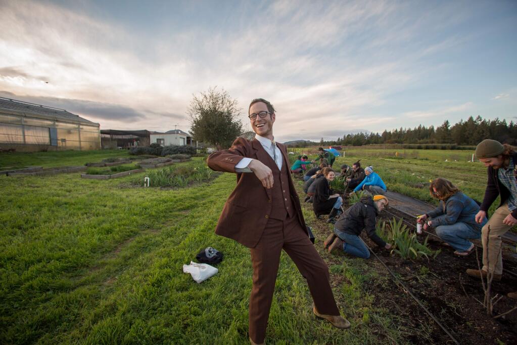 Evan Wiig leads singles in Weed Dating during the 4th Annual Agrarian Lovers Ball at Shone Farm in Santa Rosa. The farm is celebrating 45 years with a free harvest gathering Oct. 13. (Jeremy Portje / For The Press Democrat, 2017)
