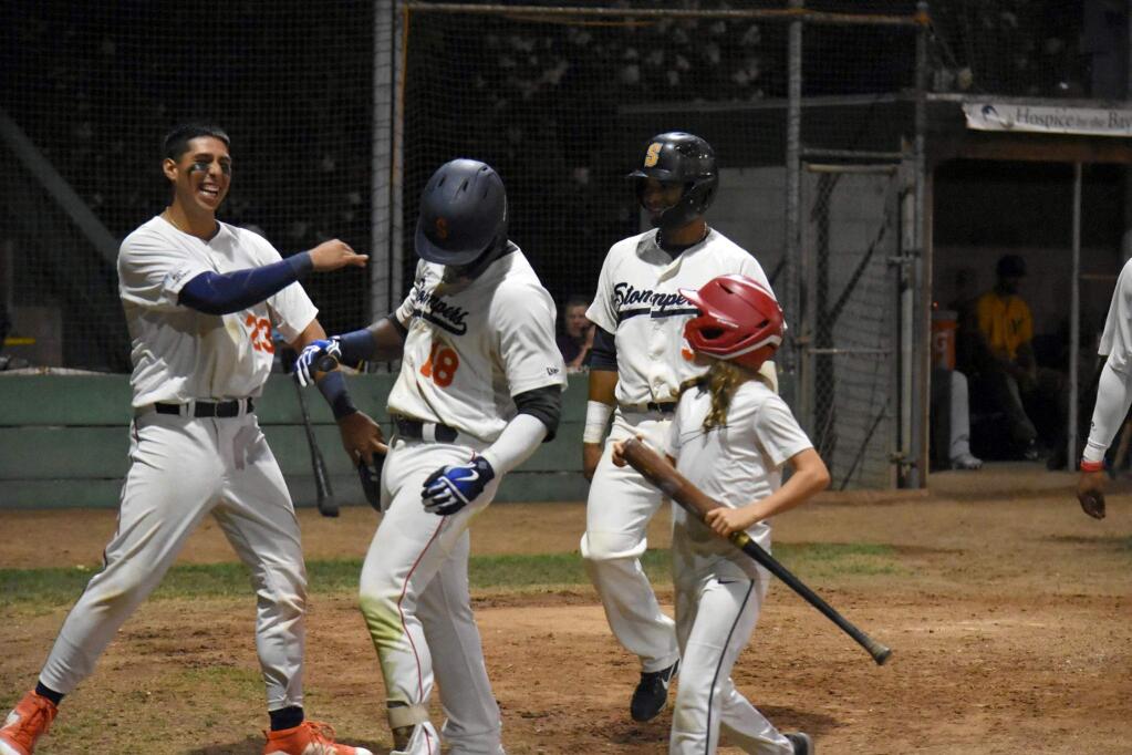 Jacob Barfield (23) congratulates Miles Williams (18) on his 8th-inning grand slam, which scored Barfield, Pedro Barrios (3) and Matt Hibbert as well. The Stompers won, 19-6 over the Vallejo Admirals. (James W. Toy III / Stompers Baseball)