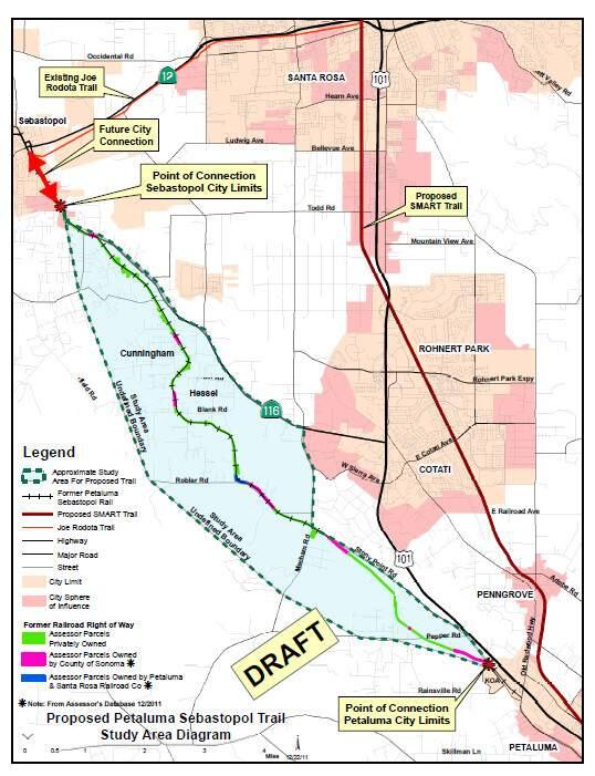 The map shows where the newly planned bike trail that will connect Petaluma and Sebastopol.