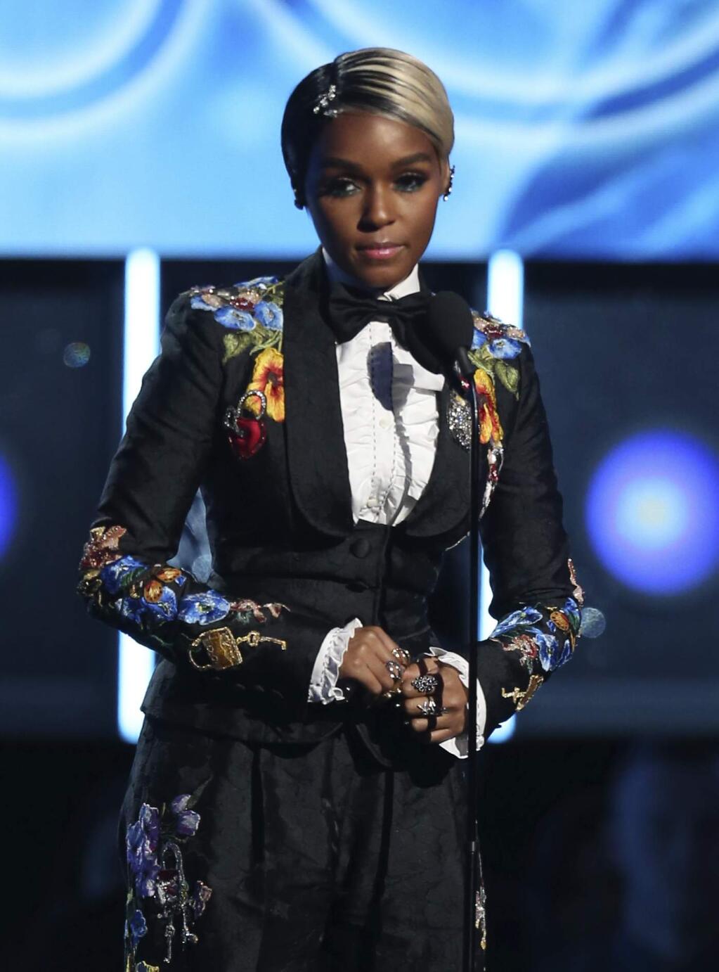 Janelle Monae introduces a performance by Kesha at the 60th annual Grammy Awards at Madison Square Garden on Sunday, Jan. 28, 2018, in New York. (Photo by Matt Sayles/Invision/AP)