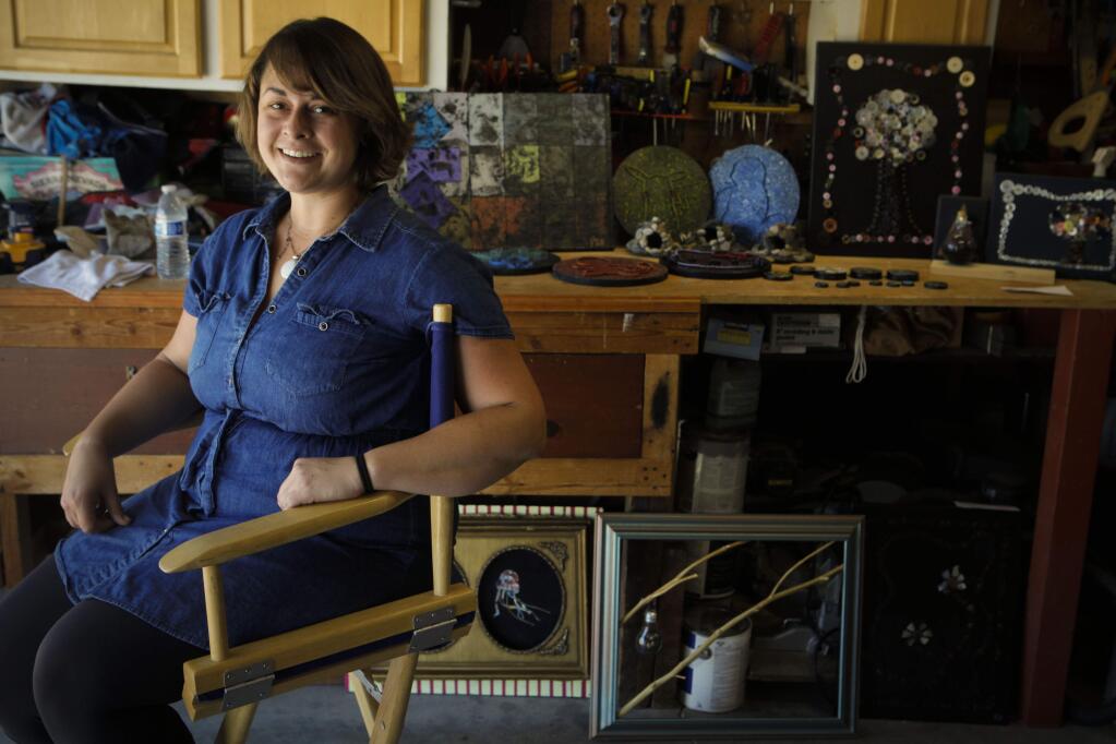 Petaluma, CA, USA. Monday, August 15, 2016._ Rachel Lynn Hernandez, 30, of Petaluma is an artist that uses discarded and recycled items to make her art. Her studio is called Mirrored Mind Designs and she works out of her garage in Petaluma. (CRISSY PASCUAL/ARGUS-COURIER STAFF)