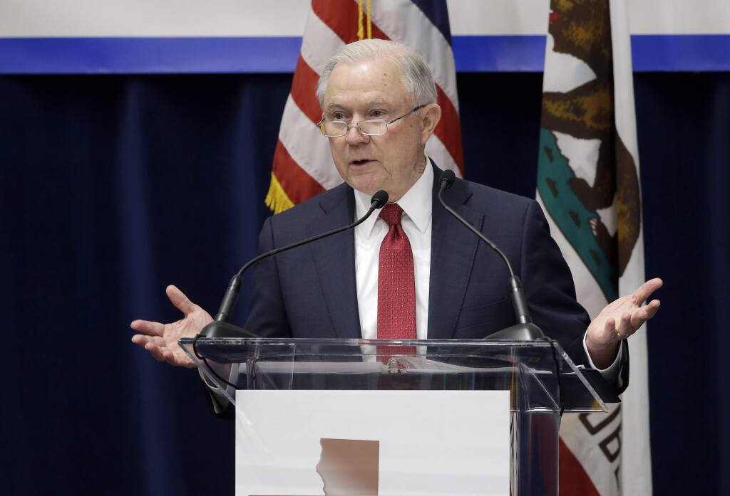 FILE - In this March 7, 2018 file photo, U.S. Attorney General Jeff Sessions addresses the California Peace Officers' Association at the 26th Annual Law Enforcement Legislative Day in Sacramento, Calif. Federal prosecutors won't take on small-time marijuana cases, despite the Justice Department's decision to lift an Obama-era policy that discouraged U.S. authorities from cracking down on the pot trade in states where the drug is legal, Sessions said Saturday, March 10. (AP Photo/Rich Pedroncelli, File)