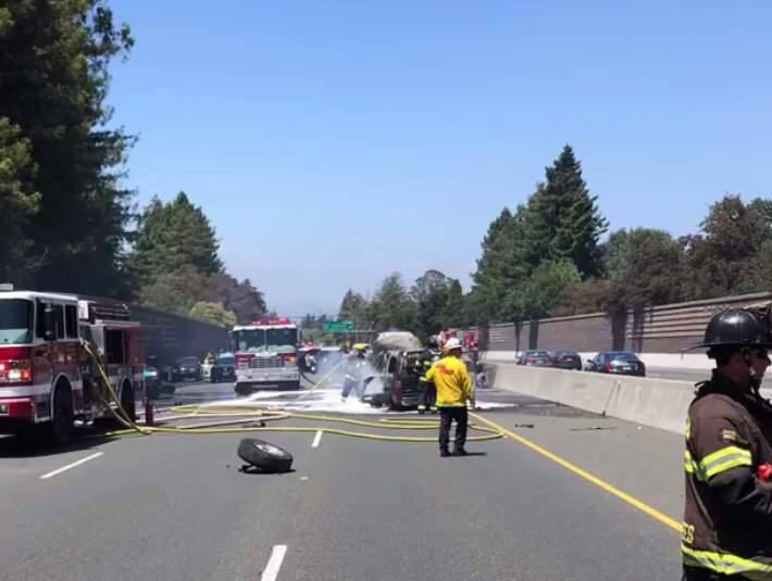 A fiery crash shut down Highway 101 near Cotati for more than an hour on Sunday, June 17, 2018. (RANCHO COTATE FIRE)