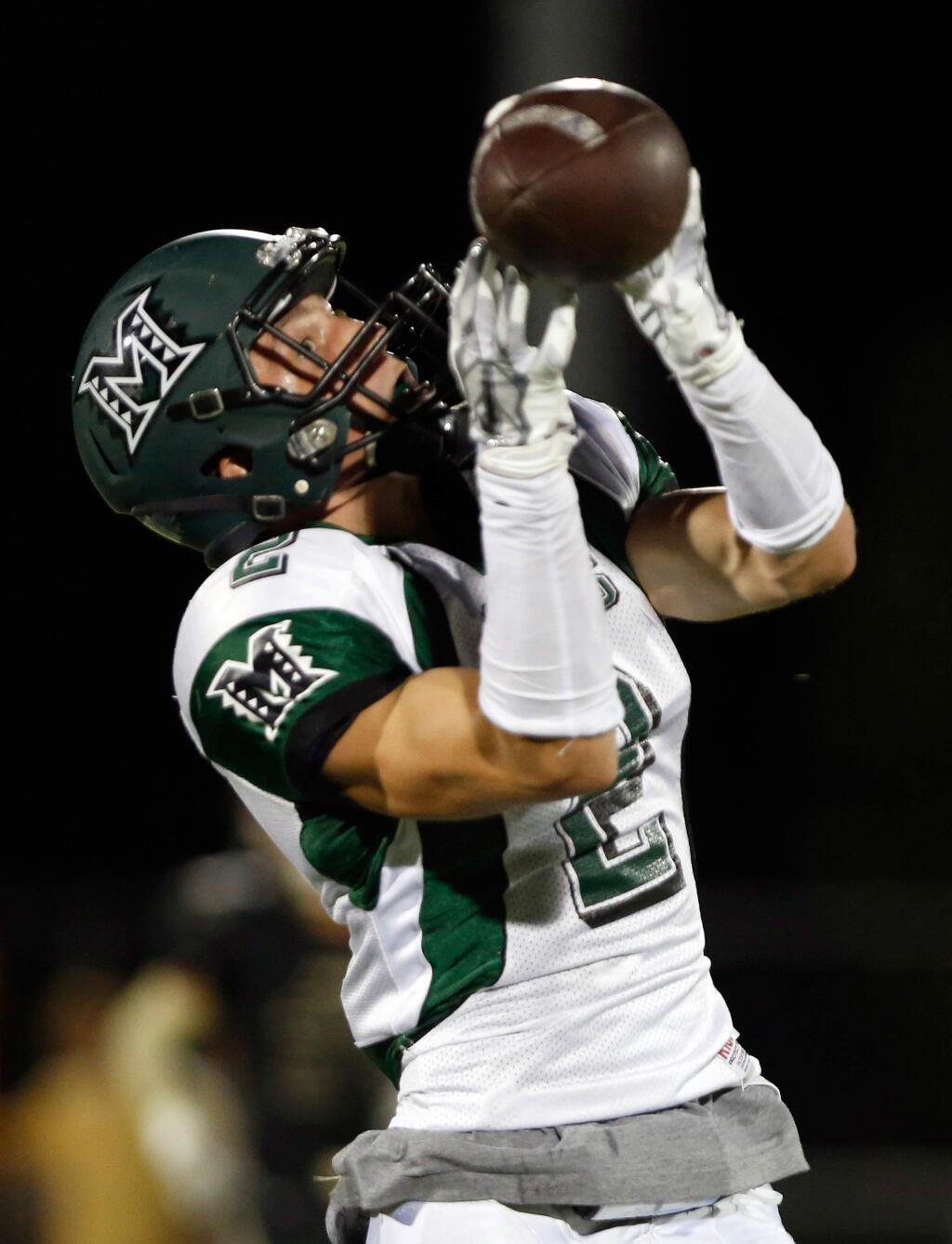 Miramonte's Ryan Anderson gets open but can't hold on to a pass during a varsity football game between Miramonte and Windsor high schools at Windsor High School in Windsor, California on Friday, September 11, 2015. (Alvin Jornada / The Press Democrat)