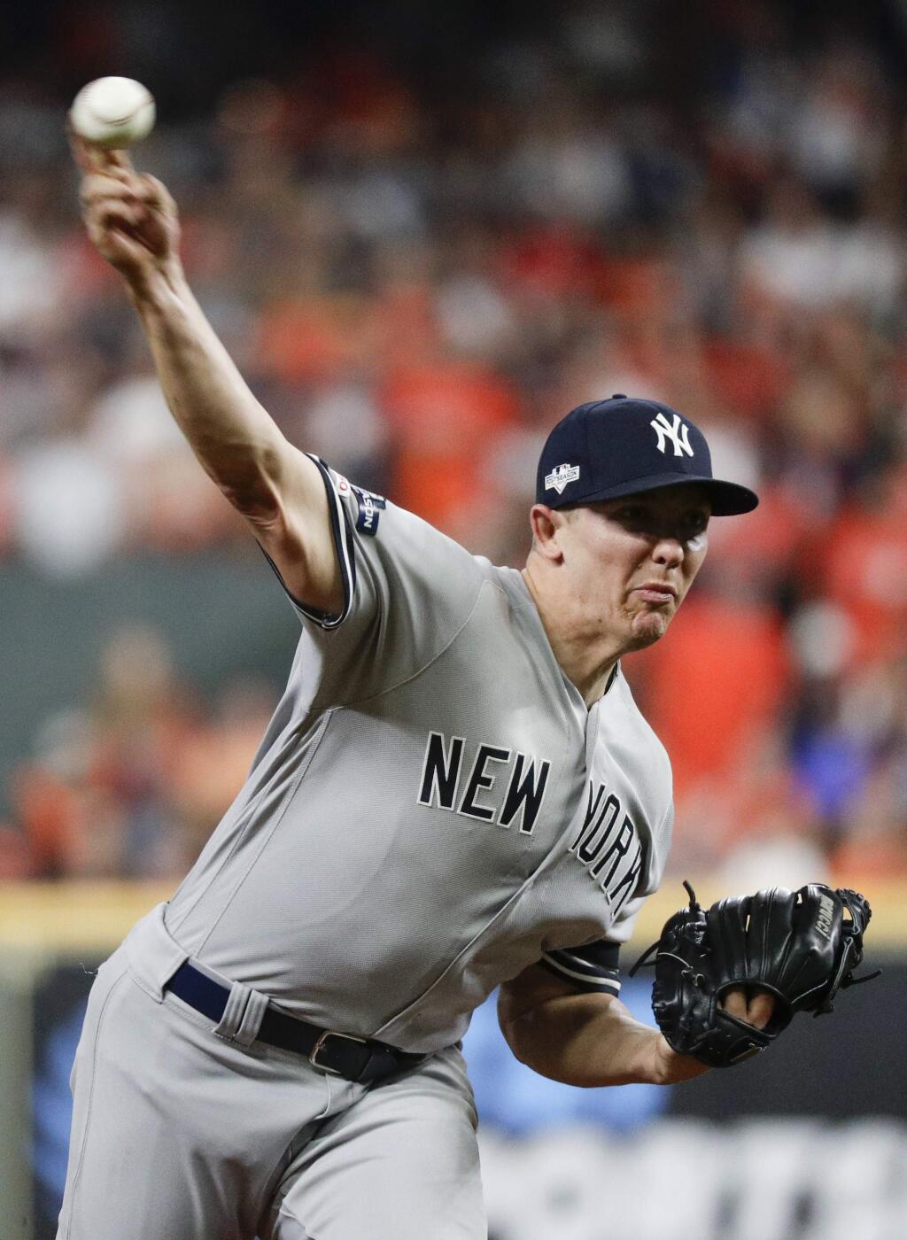 New York Yankees starting pitcher Chad Green throws against the Houston Astros during the first inning in Game 6 of baseball's American League Championship Series Saturday, Oct. 19, 2019, in Houston. (AP Photo/Eric Gay)
