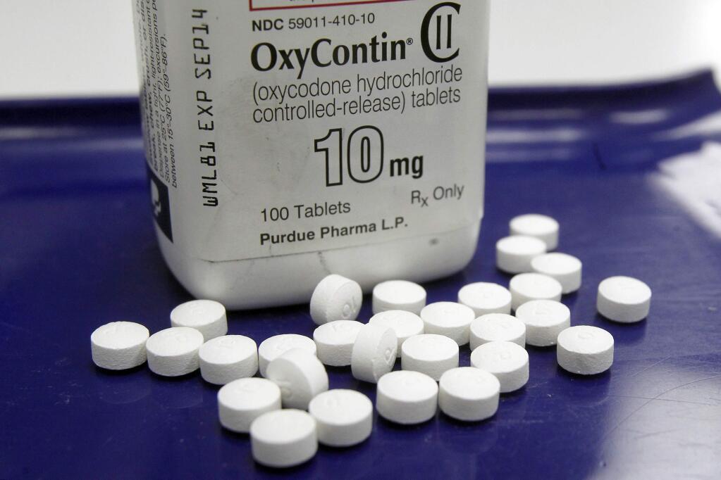 FILE - This Feb. 19, 2013 file photo shows OxyContin pills arranged for a photo at a pharmacy in Montpelier, Vermont. OxyContin has long been the world's top-selling opioid painkiller and generated billions in sales for privately-held Purdue. (AP Photo/Toby Talbot, File)