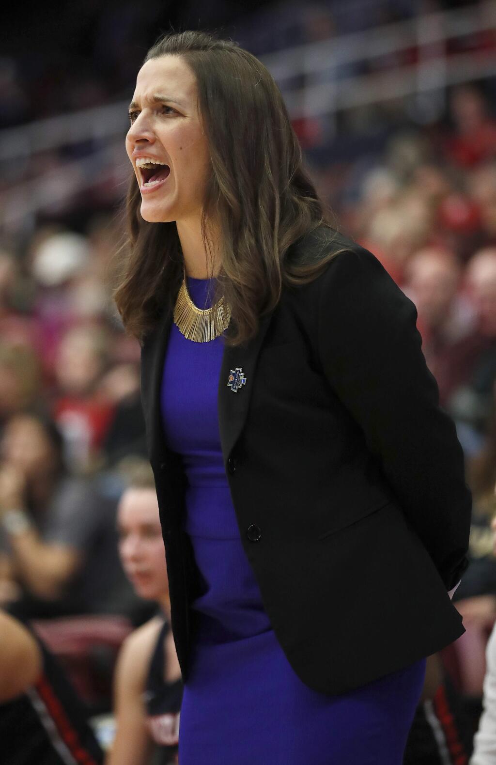 Gonzaga head coach Lisa Fortier yells out a play to her team during the first half against Stanford in a first-round game in the NCAA women's college basketball tournament in Stanford, Calif., Saturday, March 17, 2018. (AP Photo/Tony Avelar)