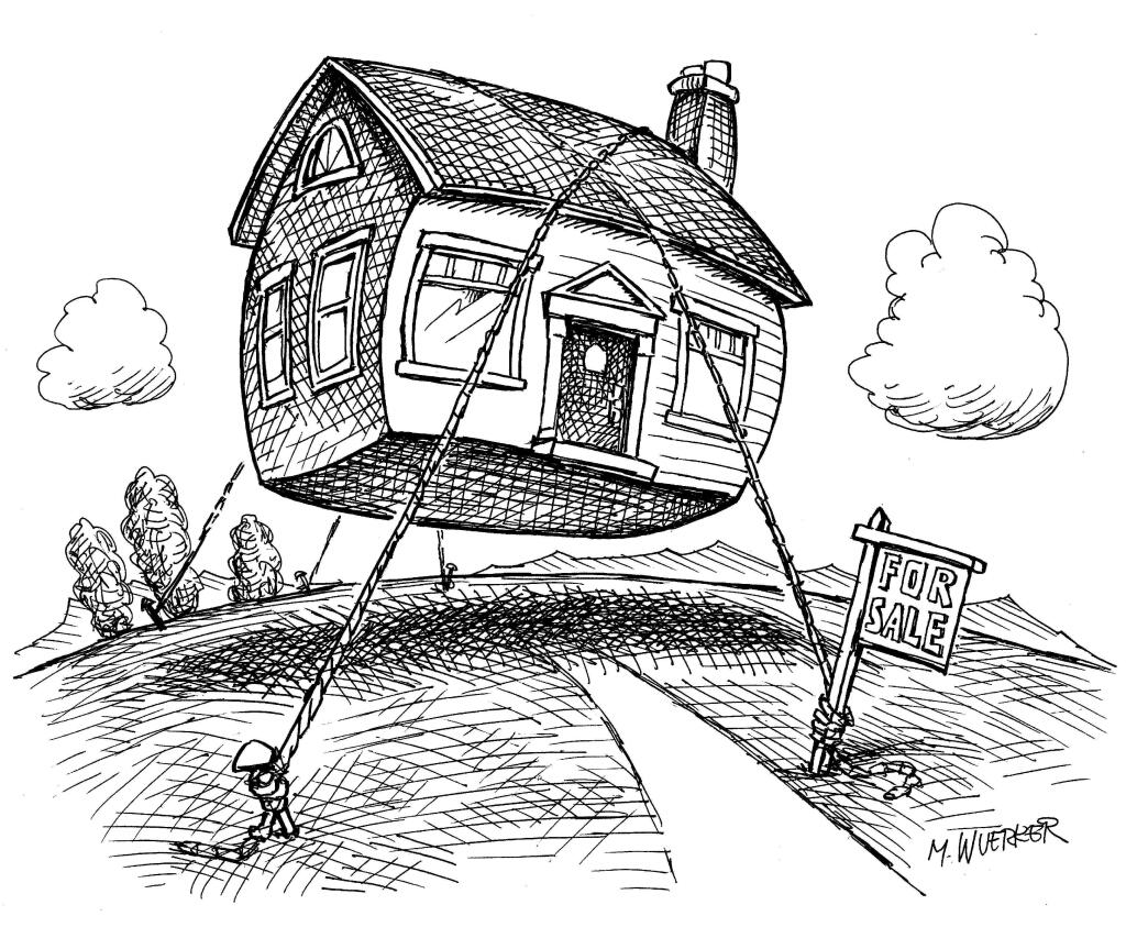 This artwork by Matt Wuerker relates to the booming housing market and real estate investments.