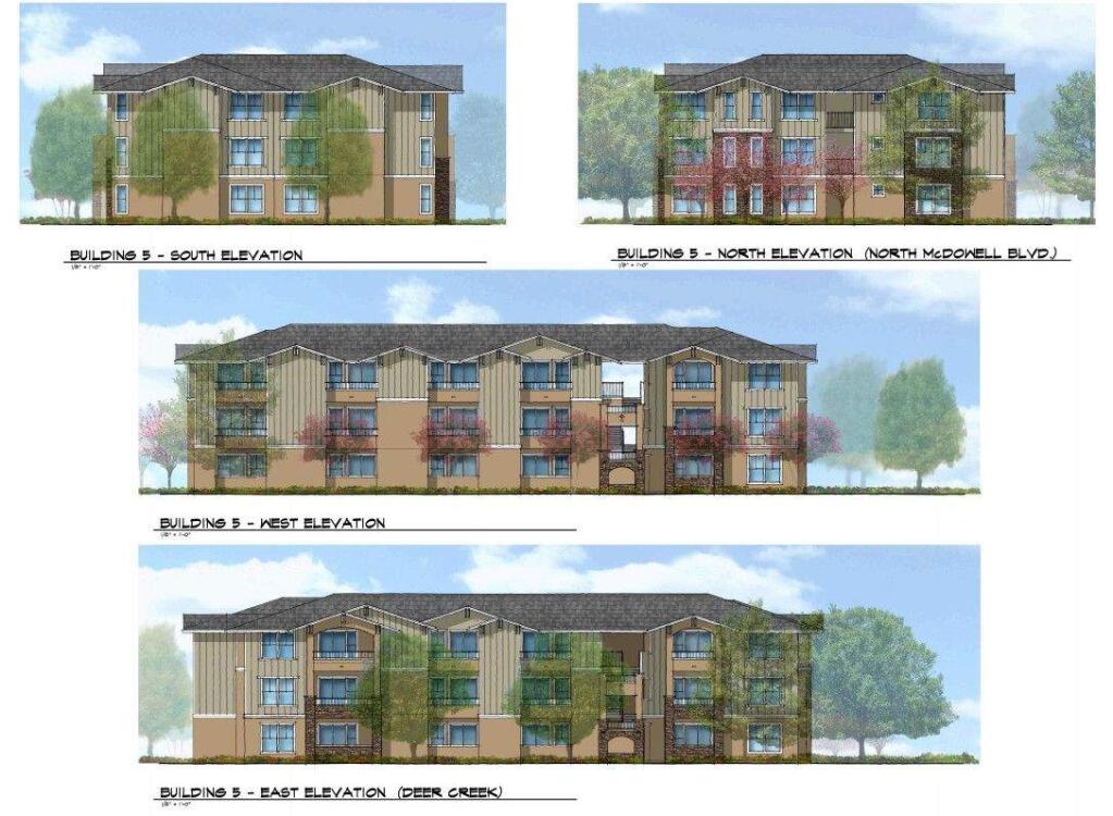 Blueprints for the proposed Deer Creek Village residential project show what the apartment buildings might look like once they are constructed at the intersection of North McDowell Bouleverd and Rainier Avenue. (CITY OF PETALUMA)