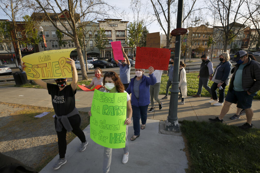 Supporters of Windsor council member Esther Lemus walk together during a rally at the Town Green in Windsor, Calif., on Sunday, April 11, 2021. (Beth Schlanker/ The Press Democrat)