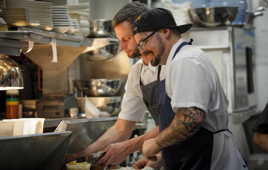 Lloyd Abel Norgon, the kitchen manager, works alongside Chef Jared Rogers at Easy Rider on February 22, 2022. Easy Rider won Best New Restaurant in this year’s Petaluma People’s Choice Awards. (CRISSY PASCUAL/ARGUS-COURIER STAFF)