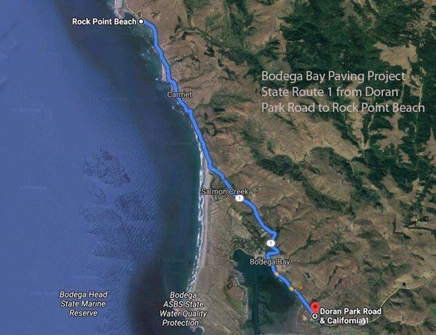 This map shows the area where Highway 1 is being repaved along the Sonoma County coast. Work recently began and is scheduled to last through mid-October 2021.