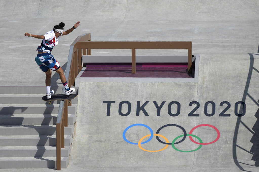 Mariah Duran of the United States competes in the women's street skateboarding finals at the 2020 Summer Olympics, Monday, July 26, 2021, in Tokyo, Japan.(AP Photo/Ben Curtis)