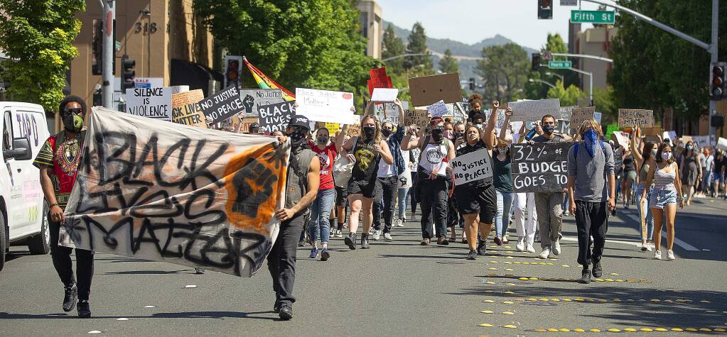 Black Matters demonstrators marching down Mendocino Avenue on June 5. (John Burgess / The Press Democrat)