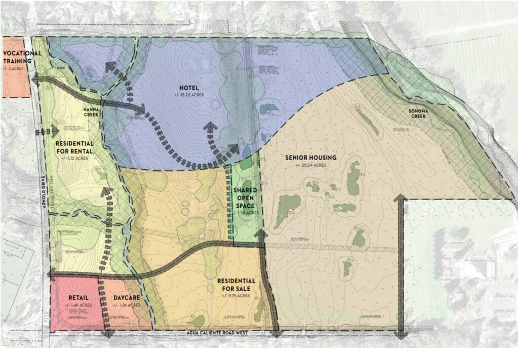 A site plan for the proposed development from the Hanna Center. The new development would use 15 acres for a hotel, 20 acres for senior housing and about 15 acres for residential housing. (Courtesy of the Hanna Center)