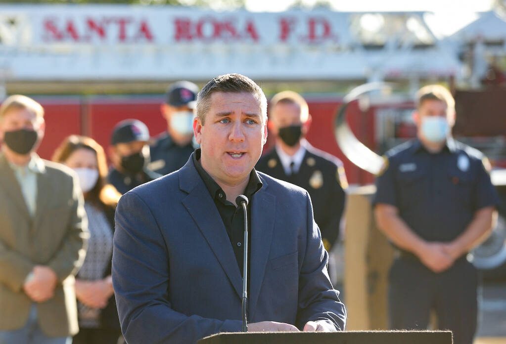Santa Rosa Mayor Chris Rogers speaks Friday, Oct. 8, 2021, during an event honoring the people who lost their lives in the 2017 fires, at the Santa Rosa Fire Department Training Center, in Santa Rosa.  (Christopher Chung/ The Press Democrat)