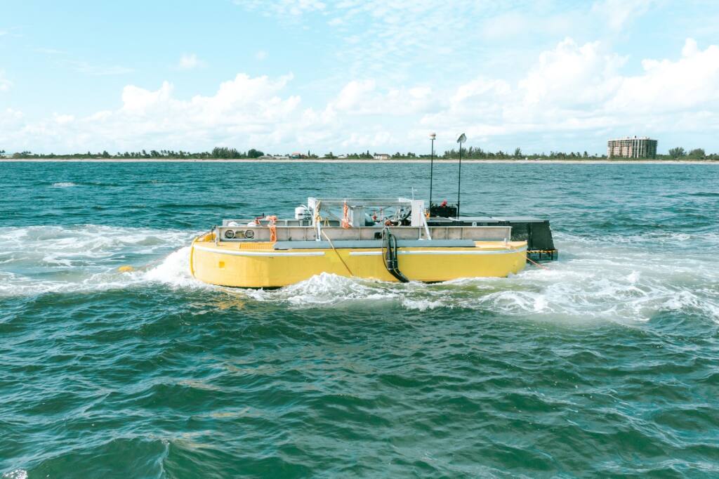 The city of Fort Bragg has received $1.5 million in state funding to launch a pilot project using wave-powered desalination technology aboard a floating raft-like unit anchored a mile offshore to supplement local drinking supplies. This photograph features the type of unit expected to be deployed later this year off the Mendocino Coast. (Well Good Productions/Oneka Technologies)