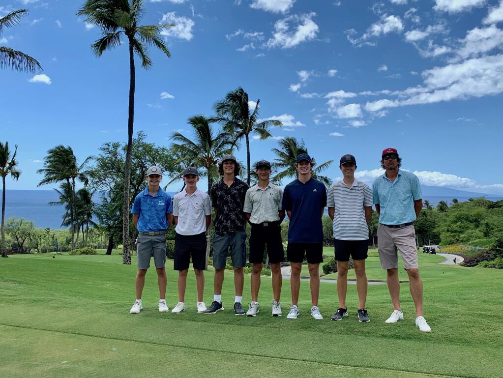 Members of the Redwood Empire All-Stars 17-and-under golf team with their coach, Demian Reddy, right, in Maui over Labor Day weekend.