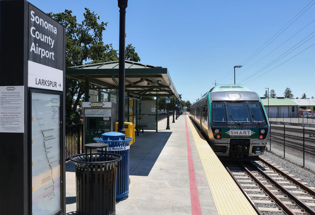 A SMART train makes a stop at the Sonoma County Airport station in Santa Rosa, Thursday, July 6, 2023. (Christopher Chung / The Press Democrat file)
