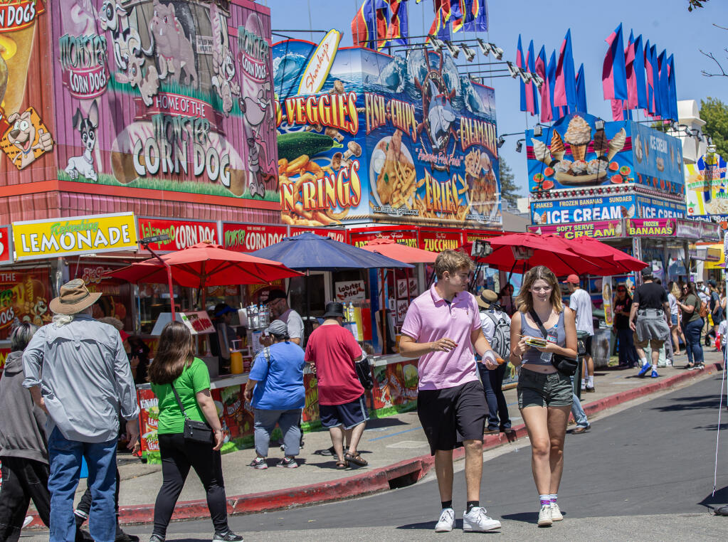 The food court has a wide variety for everyone’s palate during the opening day of the Sonoma County Fair in Santa Rosa, Thursday, Aug. 3, 2023. (Chad Surmick / The Press Democrat)