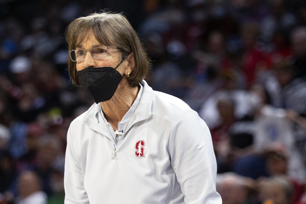 Stanford head coach Tara VanDerveer shouts from the sidelines during the second half of an NCAA college basketball game for the Pac-12 tournament championship against Utah Sunday, March 6, 2022, in Las Vegas. (AP Photo/Ellen Schmidt)