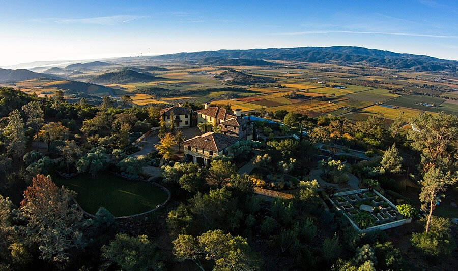 The 128-acre Montagna estate, seen here in this aerial photo looking southwest across Napa Valley from Pritchard Hill in a 2014 real estate listing, sold to Brion Wise for an undisclosed amount. (Courtesy: James Keller Real Estate)