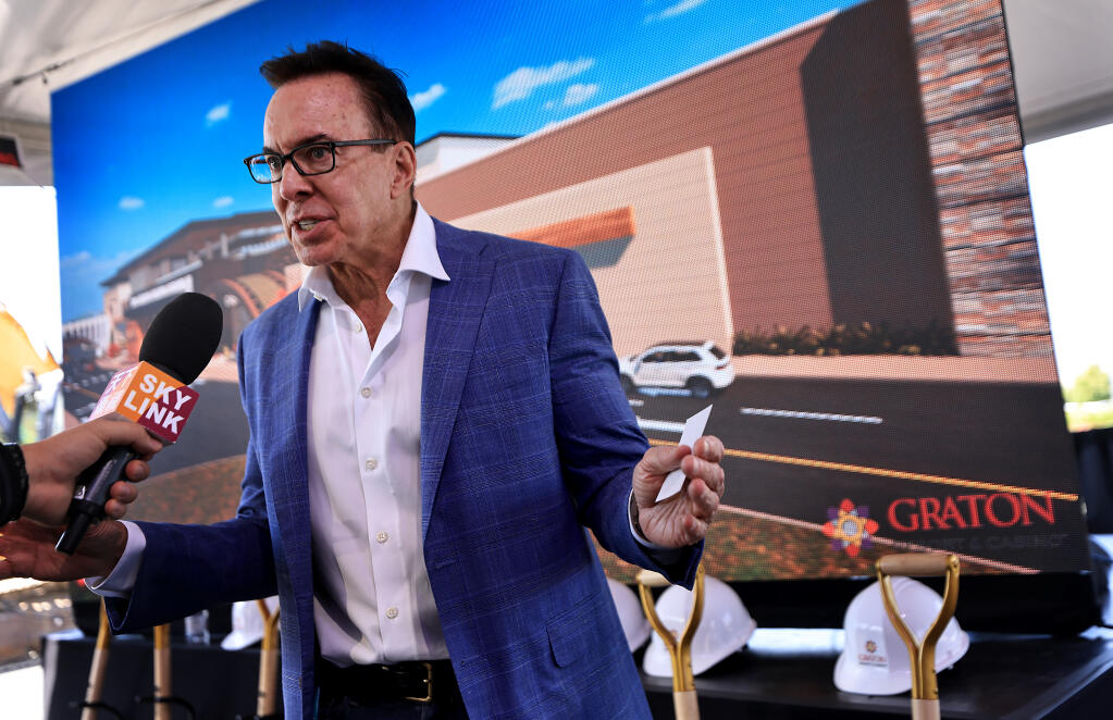 Greg Sarris, the Tribal Chairman of the Federated Indians of Graton Rancheria, speaks with members of the media Thursday, June 15, 2023, after a groundbreaking ceremony for an expansion at the Graton Resort and Casino near Rohnert Park. (Kent Porter / The Press Democrat file)