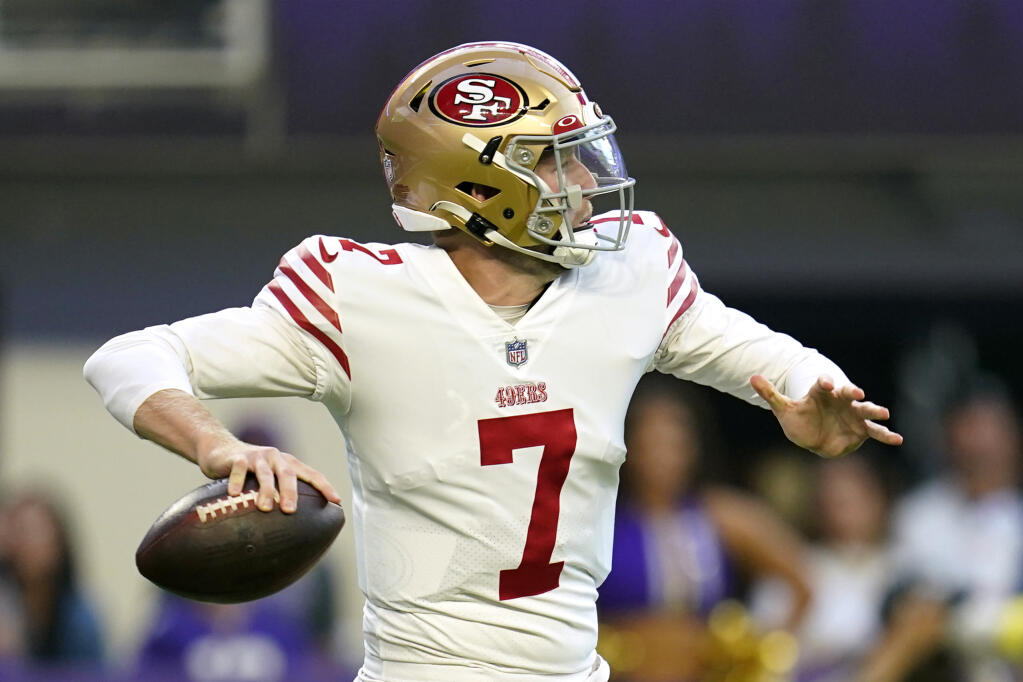 San Francisco 49ers quarterback Nate Sudfeld throws a pass during the first half of a preseason NFL game against the Minnesota Vikings, Saturday, Aug. 20, 2022, in Minneapolis. (AP Photo/Abbie Parr)