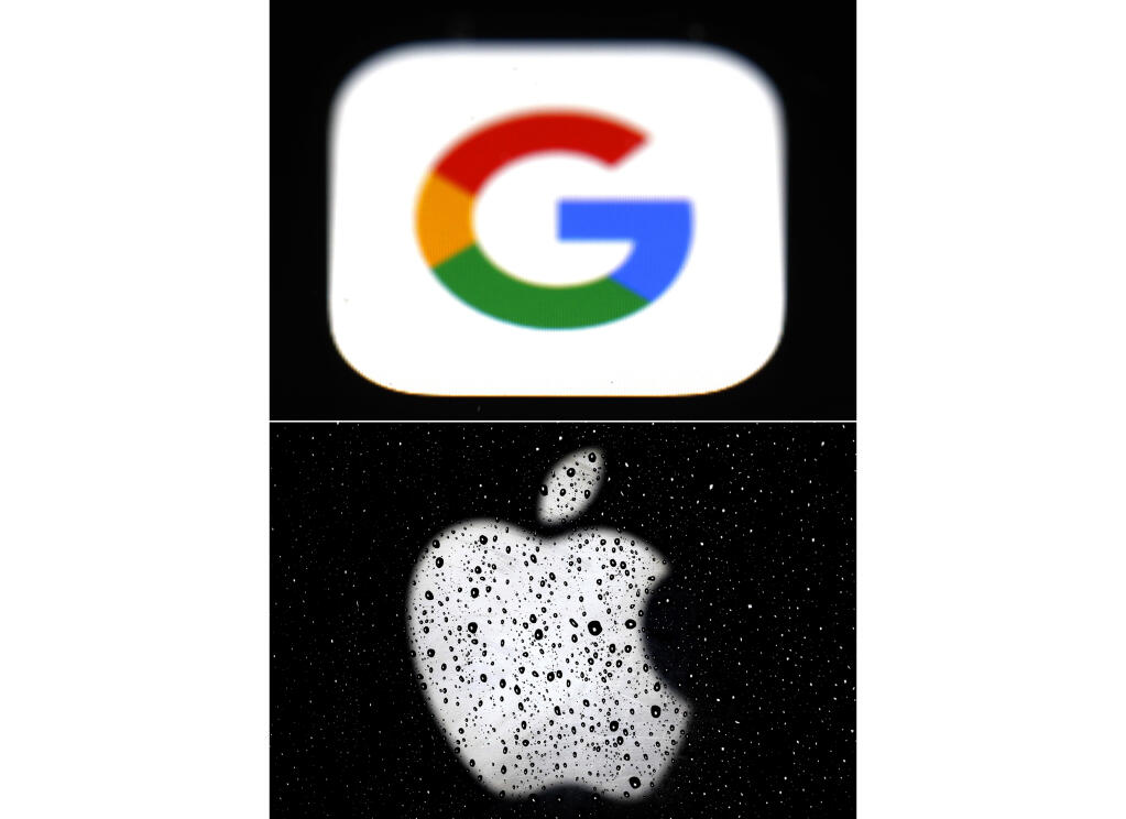FILE - This combo of photos shows the logo for Google, top, and Apple, bottom. Big Tech companies that operate around the globe have long promised both to obey local laws and to protect civil rights while doing business. But when Apple and Google capitulated to Russian demands and removed Smart Voting, a political-opposition app from their local app stores, it raised worries that two of the world's most successful companies are more comfortable bowing to undemocratic edicts — and maintaining a steady flow of profits— than upholding their stated principles.((AP Photo/File)
