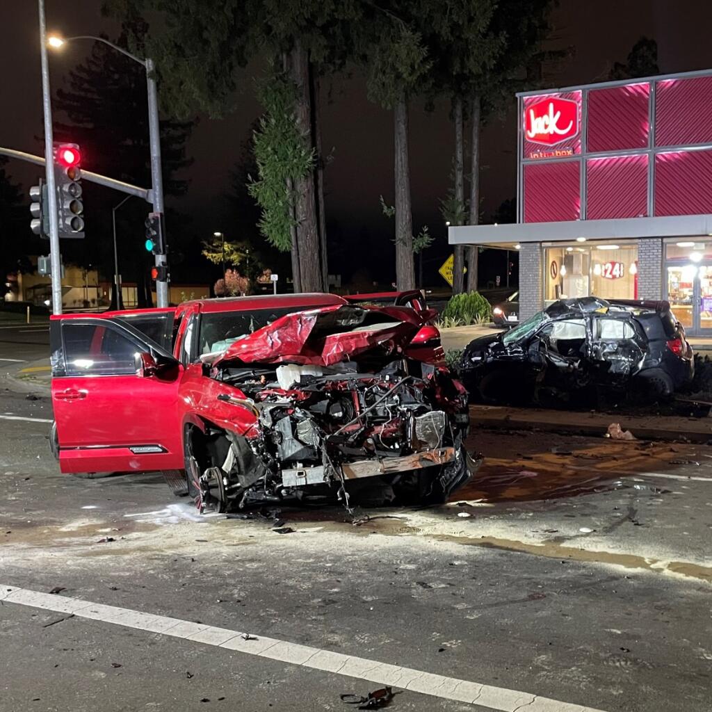 Two people were sent to a hospital after a suspected DUI collision, Sunday, March 17, 2024, in Rohnert Park. One of the drivers was arrested after she  performed “poorly” in field sobriety tests and police discovered she had a preliminary blood alcohol content of 0.15%. (Rohnert Park Department of Public Safety)