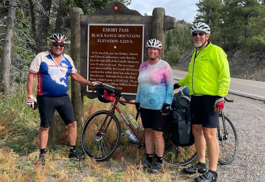 Santa Rosa resident Barbara Ferrell suffered major injuries on Saturday, Oct. 30, 2021 after she was hit by a vehicle in Texas during a cross-country bicycle ride.  She was accompanied by her husband, Willard Ferrell (left) and their friend, Glen Stanley (right). (Submitted photo)