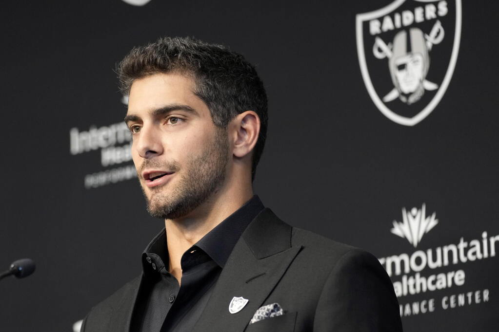Las Vegas Raiders quarterback Jimmy Garoppolo takes questions during a news conference, Friday, March 17, 2023, in Henderson, Nevada. (John Locher / ASSOCIATED PRESS)