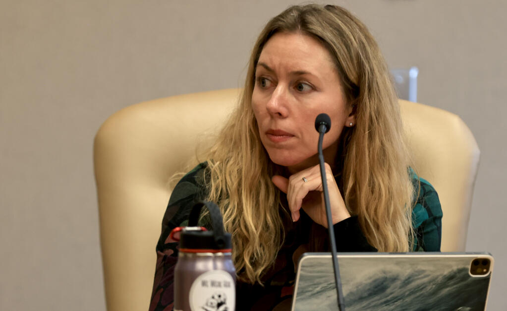 Sonoma County Supervisor Lynda Hopkins listens as the discussion continues about the Agricultural Access Verification Program at the Board of Supervisors meeting in Santa Rosa, Tuesday, Sept. 19, 2023. (Kent Porter / The Press Democrat file)