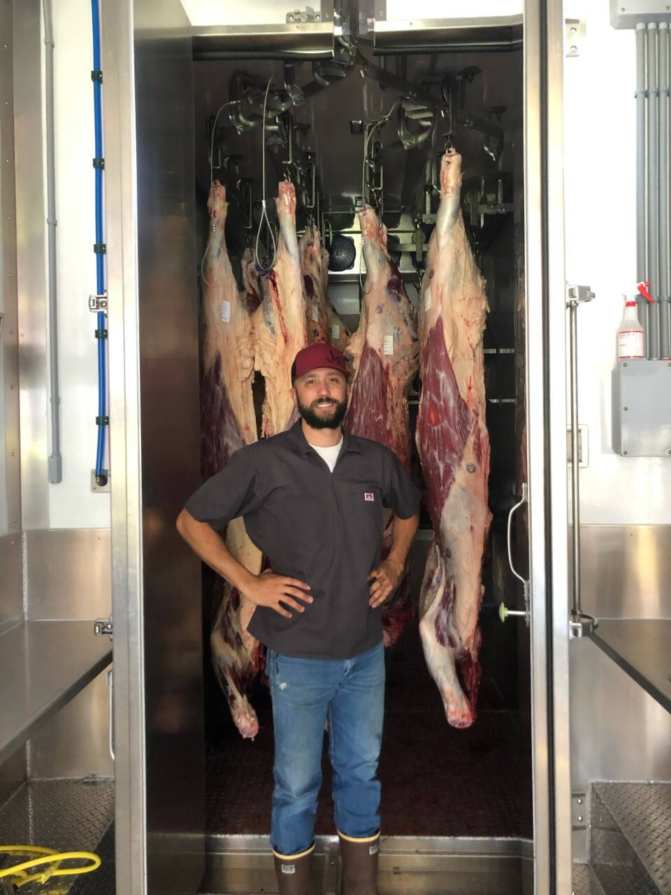 John M. Fagundes, operator of JMF Slaughter of Petaluma, stands with cattle carcasses hanging in the 36-foot mobile slaughterhouse he got rolling in spring 2021. (courtesy of JMF Slaughter)