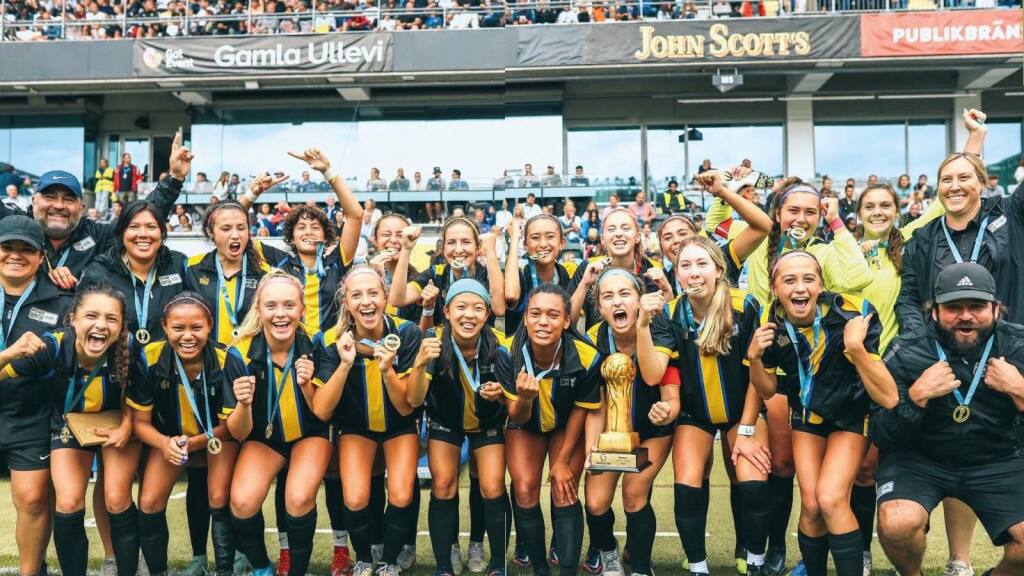 NorCal Premier girls 17-and-under soccer team after winning the Gothia Cup in Sweden.