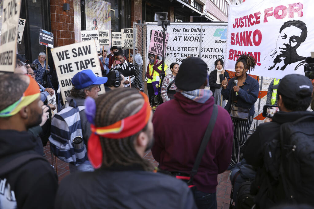 In the wake of District Attorney Brooke Jenkins' decision not to prosecute Walgreens security guard, Michael Earl-Wayne Anthony, for confronting and killing suspected shoplifter Banko Brown, protesters march on Market Street in San Francisco, on Monday, May 15, 2023. (Scott Strazzante/San Francisco Chronicle via AP)