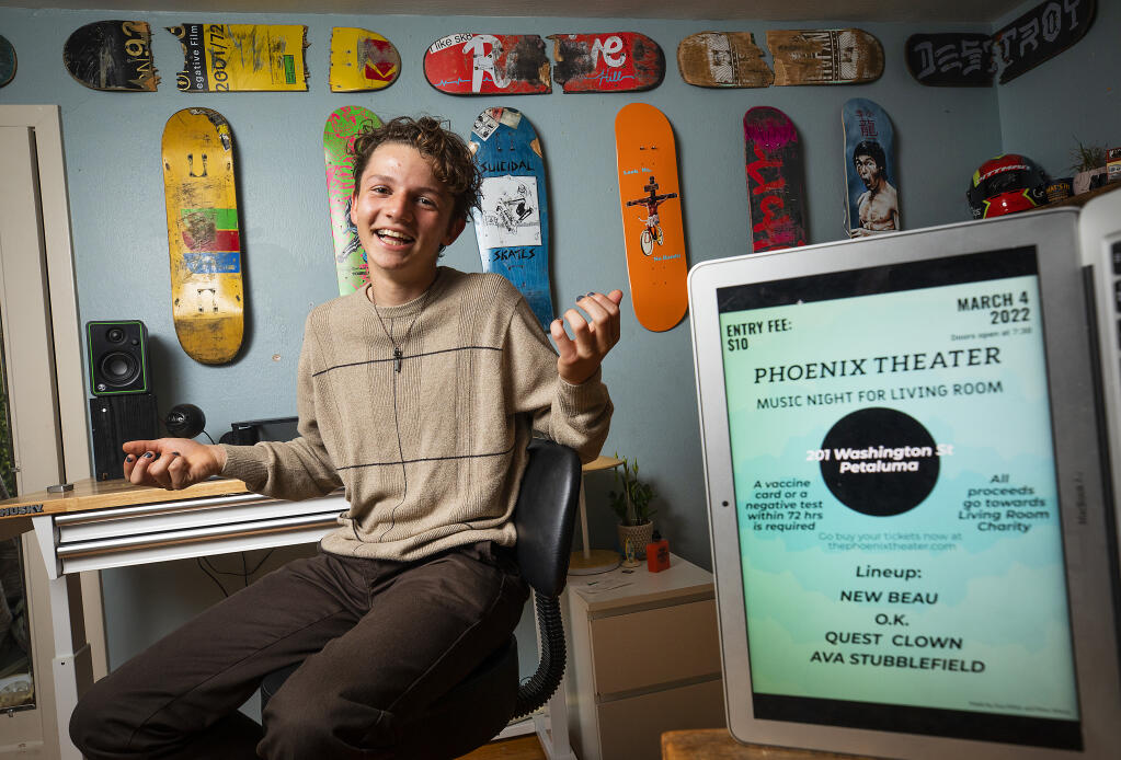 When Gus Miller, 13, was assigned a community service project at school, he decided to become a concert promoter, arranging a night at the Phoenix Theater in Petaluma with all the proceeds going to The Living Room. (John Burgess/The Press Democrat)