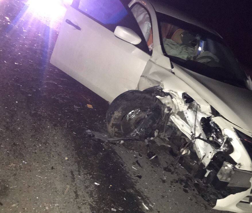 This photo shows a Nissan Altima destroyed in a head-on collision on Highway 101 near Windsor Saturday, Nov. 6, 2021. A Windsor man is accused of being under the influence of drugs or alcohol and driving on the wrong side of the road. (Submitted photo)