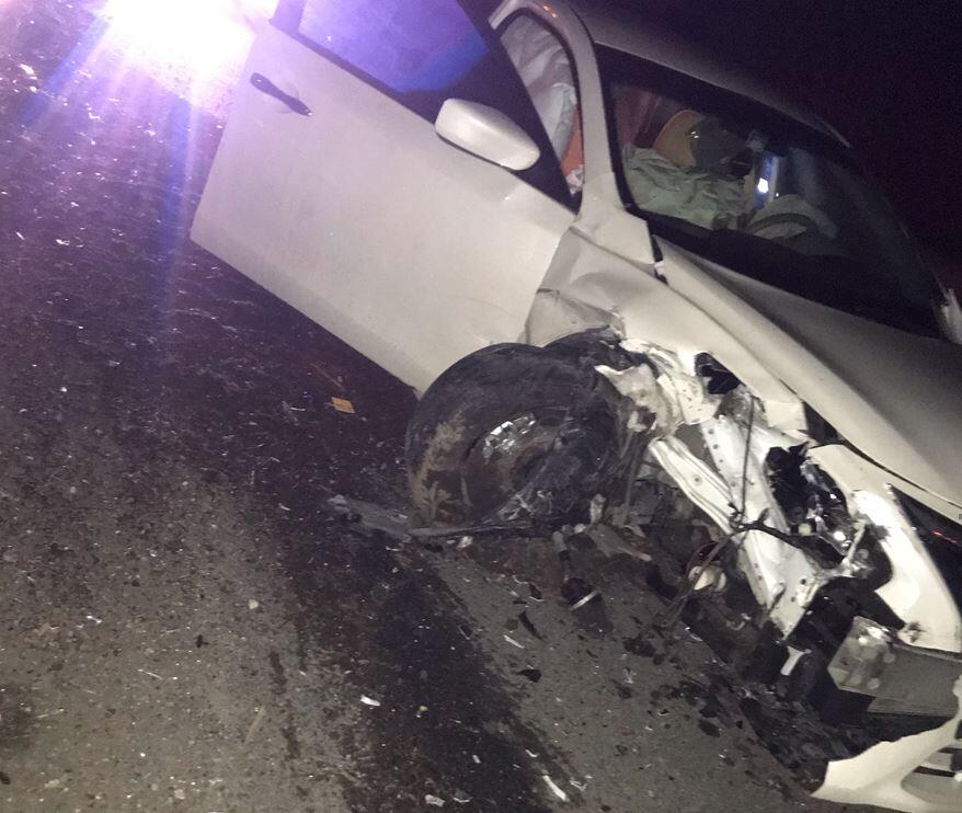 This photo shows a Nissan Altima destroyed in a head-on collision on Highway 101 near Windsor Saturday, Nov. 6, 2021. A Windsor man is accused of being under the influence of drugs or alcohol and driving on the wrong side of the road. (Submitted photo)