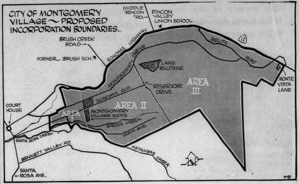 A Press Democrat file map shows a proposal for the incorporated community of Montgomery Village. The development ended up being annexed into Santa Rosa instead. (Press Democrat files via Newspapers.com)