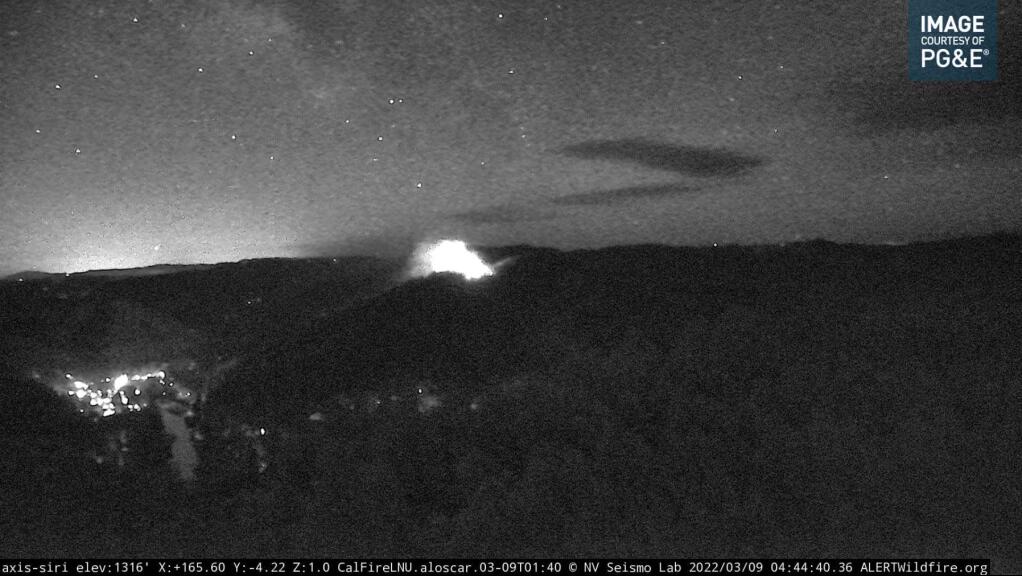 The Alpine fire in Monte Rio flared up the night of Tuesday, March 8, 2022. (alertwildfire.org)