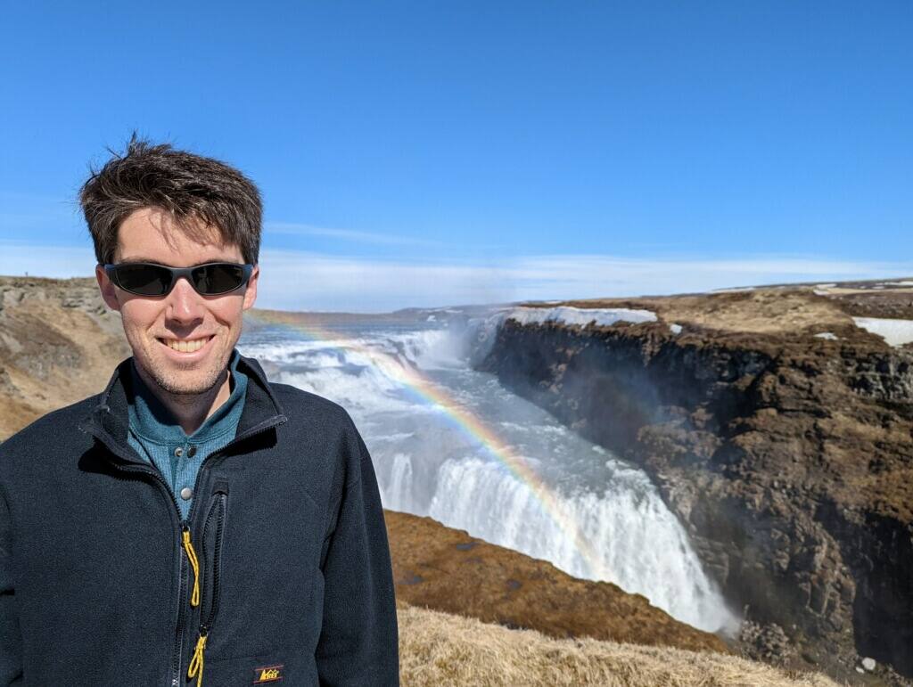 Climate scientist and “science communicator” Daniel Swain at the Gullfoss Falls in southwestern Iceland (Photo courtesy of Daniel Swain)