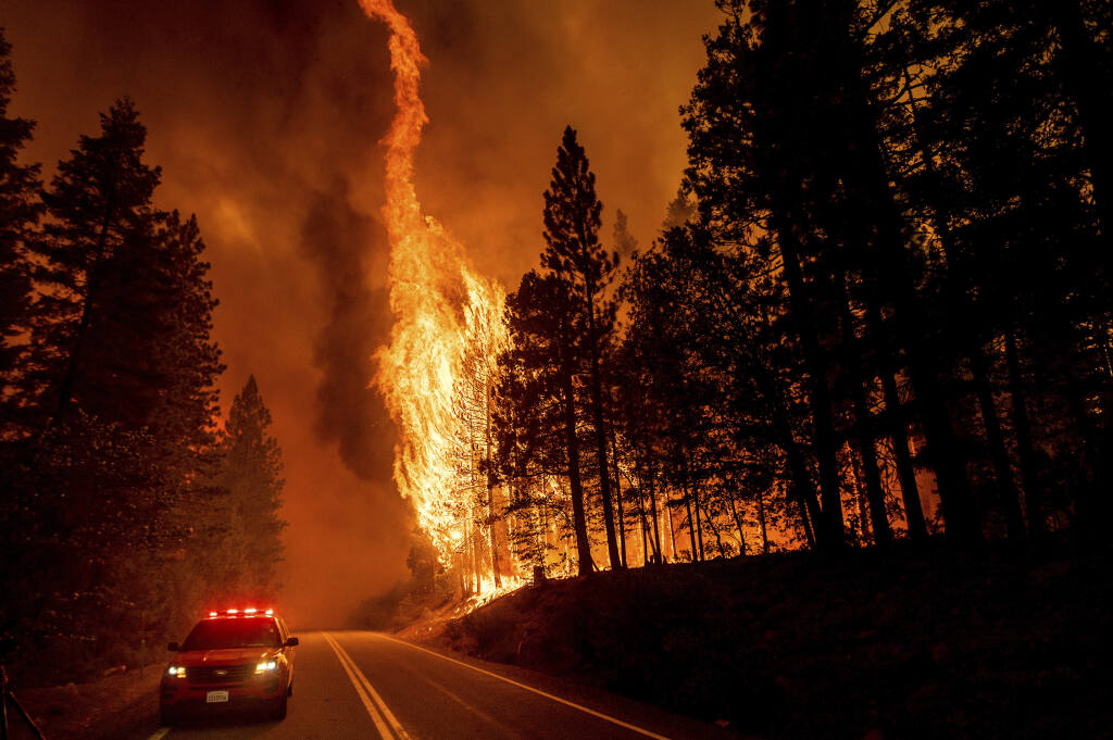 Flames leap from trees as the Dixie fire jumps Highway 89 in Plumas County. (NOAH BERGER / Associated Press)