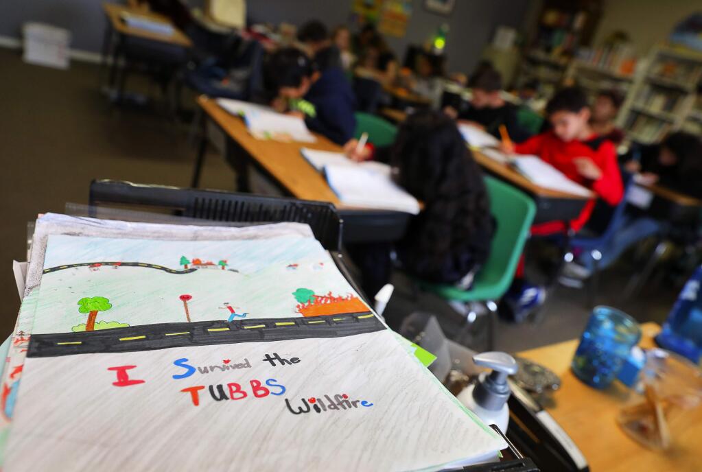 A drawing made by a Redwood Adventist Academy student in Linda Severs' combined 5th and 6th-grade class sits on her desk at Santa Rosa SDA Church, in Santa Rosa on Wednesday, January 24, 2018. (Christopher Chung/ The Press Democrat)