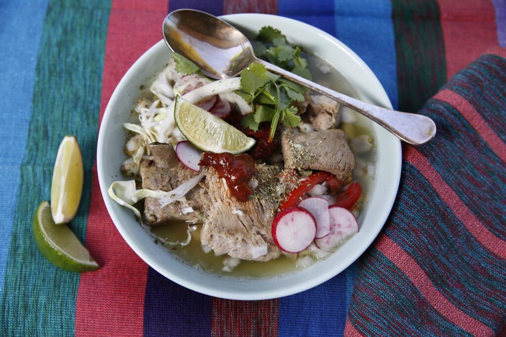 Posole with pork made by chef John Ash at his home in Santa Rosa, California on Wednesday, April 22, 2020. (BETH SCHLANKER/ The Press Democrat)
