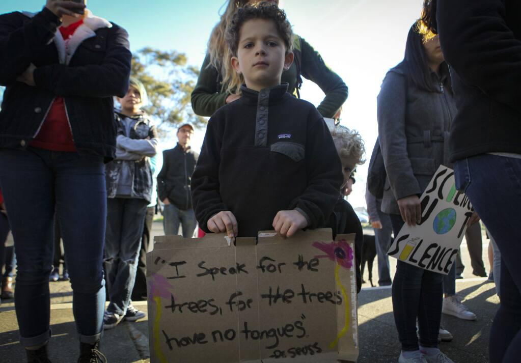 Petaluma, CA, USA._Friday, March 15, 2019. Henry James, 6, of Cotati joined students from Petaluma schools in a rally and protest over climate change. (CRISSY PASCUAL/ARGUS-COURIER STAFF)